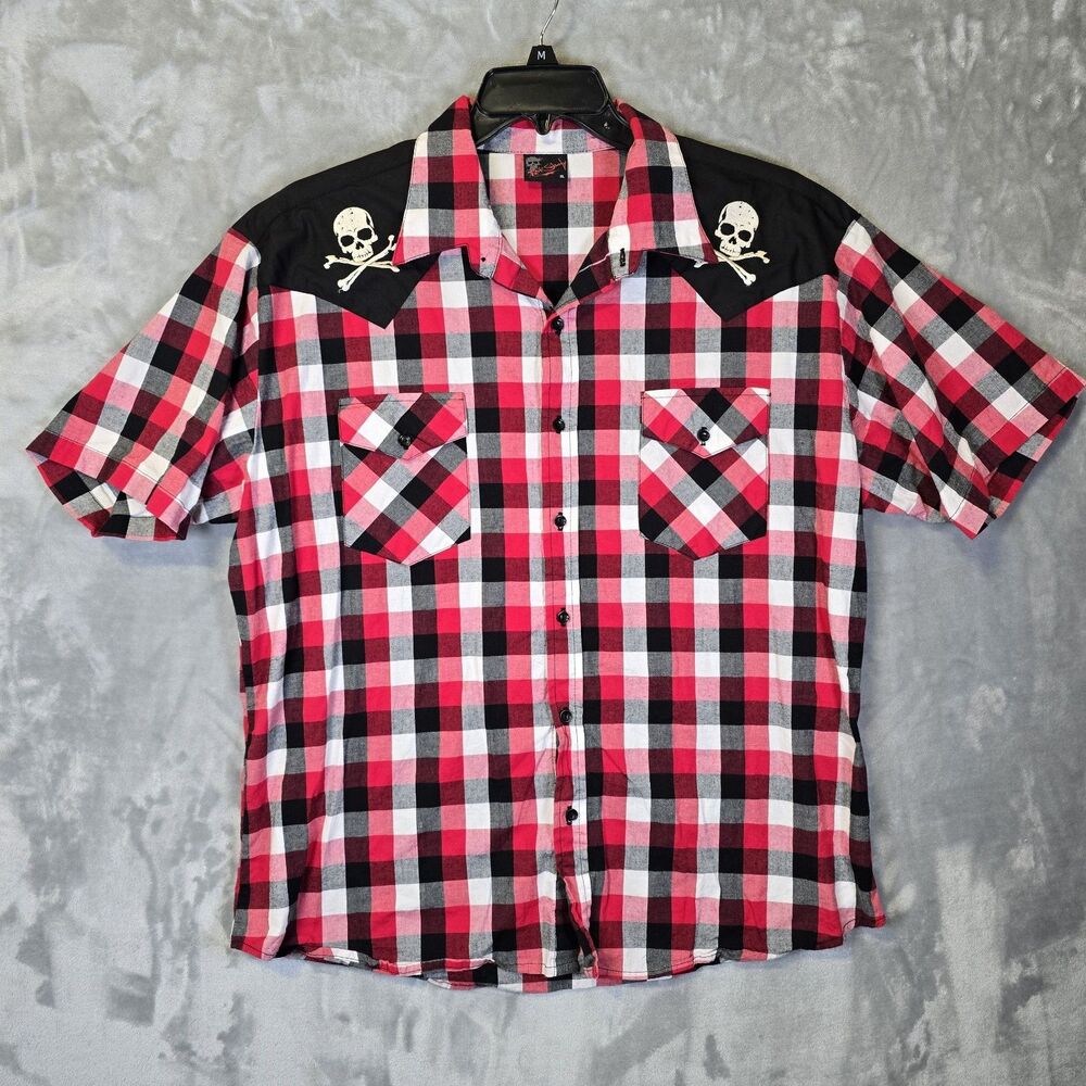 Rock Steady Clothing Shirt Mens XL Skull Red Plaid Button Up Rockabilly Western
